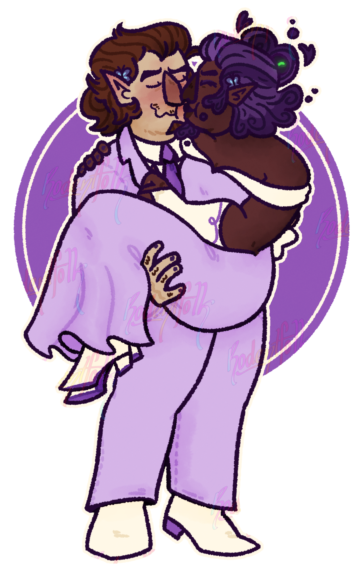 It is an illustration of Alador Blight and Darius Deamonne from The Owl House. They are dressed in wedding attire, with Alador bridal carrying Darius, who is kissing him on the cheek as they both have their eyes closed. Alador is blushing immensely, with a goofy smile.  Darius' dress is lilac with white off-shoulder sleeves, and a white bow in the back. His fingerless gloves and heels are both white, with deep purple accenting in the embroidery of the gloves, and on the bottom of the heels. His abomination hair and beard are creating love hearts, while the green eye in the back of his hair is visibly happy.  Alador is wearing a matching lilac tuxedo, with a white shirt and deep purple tie. His shoes are similar to Darius' except the heel is shorter, and completely purple. His hair is slicked back and styled in a ponytail in the back.  They are both also wearing matching blue butterfly clips in their hair, as well as matching dark purple nail polish.