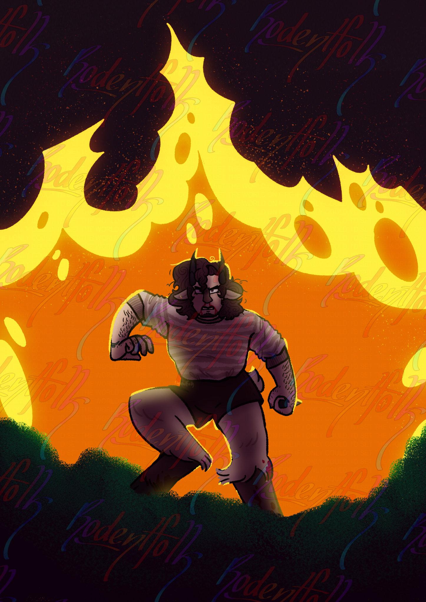 It is an illustration of Nik's character Monty. He is standing hunched over a hill like mound, holding a bloody dagger and glaring at the viewer as fire engulfs the background. Upon closer inspection the phrase If I only could I'd set the world on fire can be seen repeated over and over again in the flames.