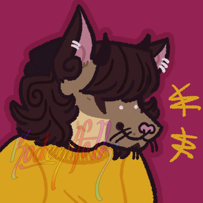 It is a drawing of Nik's fursona. It is a brushtail possum with small horns and dark brown hair covering their eyes. The background is a deep pink with a darker border and yellow scribbles.