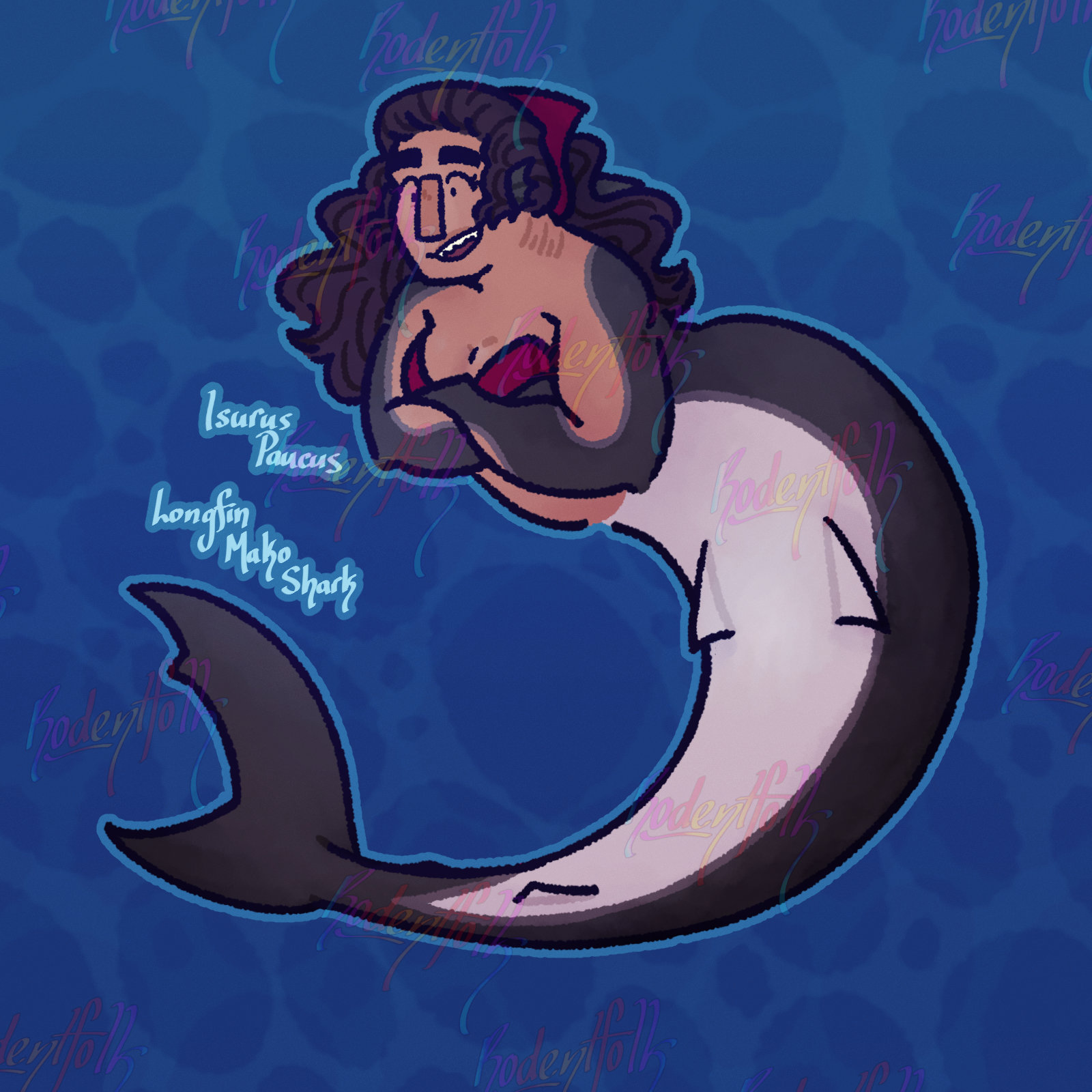 It is a MerMay themed drawing of Nik's OC, Bo, as a mermaid. She's been drawn with the lower-half of a shark (Text next to her notes that she has been drawn as a Longfin Mako Shark (Isurus paucus)). She has her arms crossed over her chest and is looking down at something excitedly.