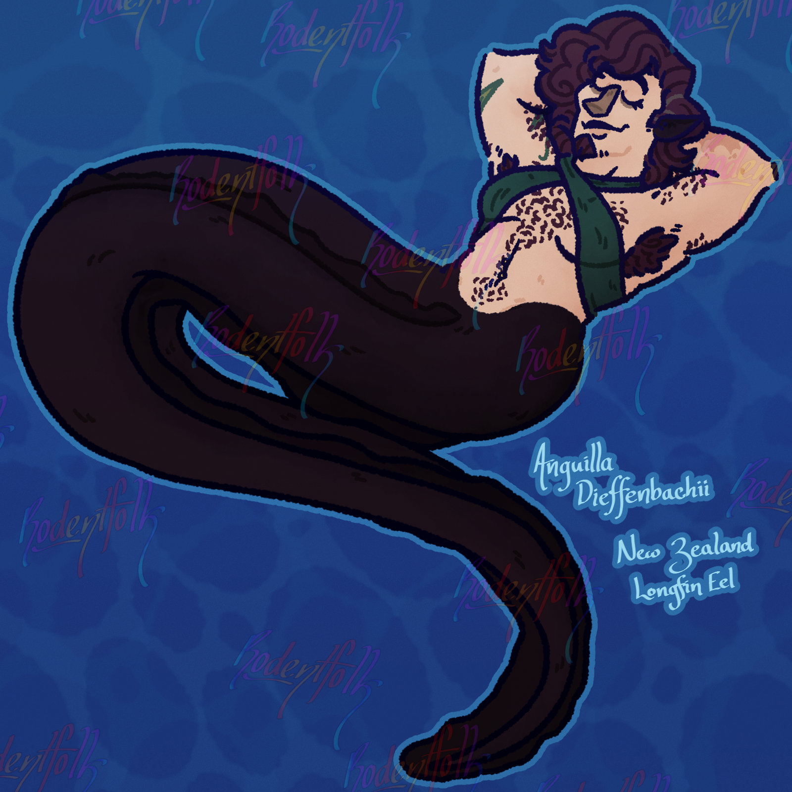 It is a MerMay themed drawing of Nik's OC, Monty, as a mermaid. He's been drawn with the lower-half of a long black eel (Text next to him notes that he has been drawn as a New Zealand Longfin Eel (Anguilla dieffenbachii)). He is wearing a blade of seaweed wrapped around his neck and chest. He has his hands behind his head and has his eyes closed peacefully.