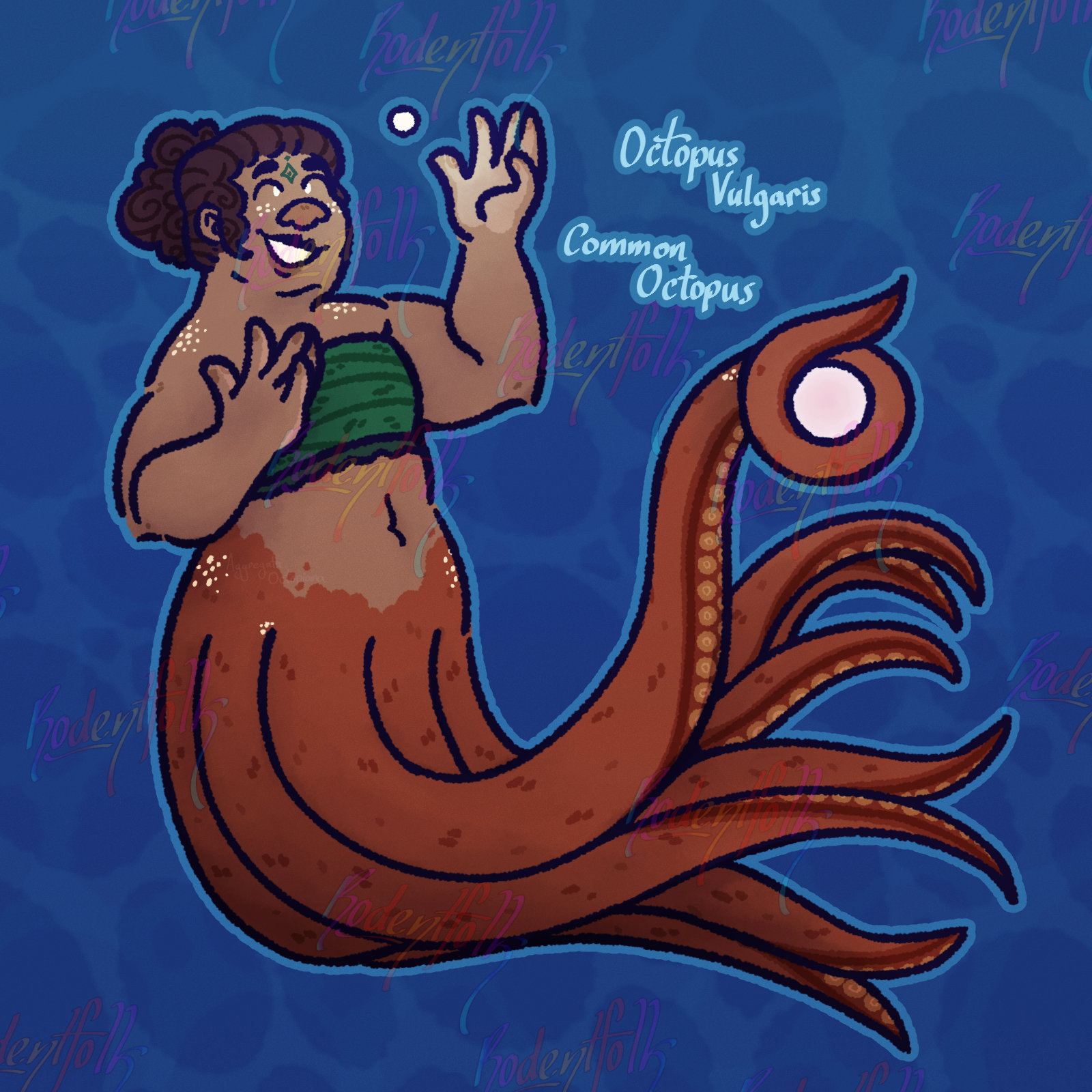 It is a MerMay themed drawing of Nik's OC, Tamaiti, as a mermaid. They've been drawn with the lower-half of an orange octopus (Text next to them notes that they have been drawn as a Common Octopus (Octopus vulagirs) and are covered in white spots). They are wearing a crop-top style shirt made out of seaweed with a ruffled trim at the end. One of their tentacles is wrapped around a white ball as they gleefully look up and try to grab a smaller ball floating above them. Faint text next to their hip says, 'Aggregata octopiana'