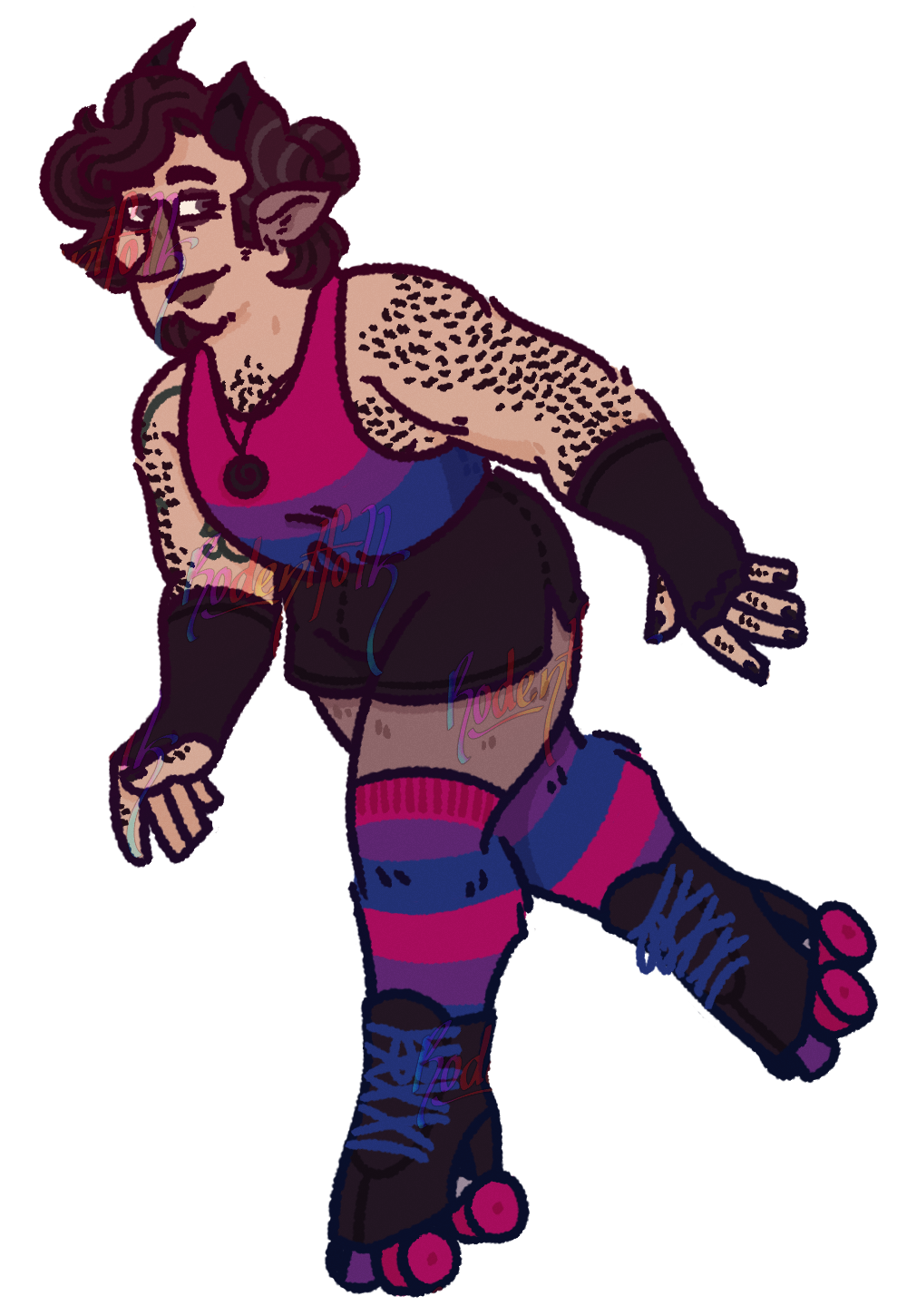 It is a drawing of Nik's OC, Monty. He has his hair up in a loose bun, with a Bisexual flag themed tank top, and matching socks. The shorts, skates, and added finger-less gloves are black, with the skates having accented colours of the Bisexual flag. He is also wearing a black pendant styled to be a Koru (A Māori design of a circular swirl) and has painted his nails black.