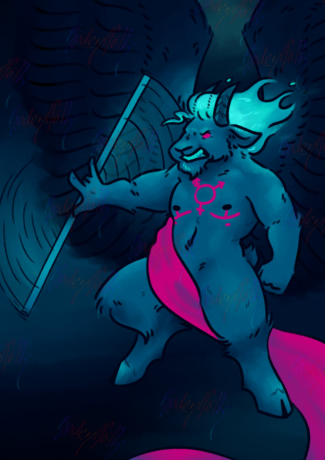 It is a limited palette illustration. The illustration depicts an entirely blue goat-like demon with firey hair. It's grimacing maliciously at something out of view, with it's bright pink eyes and spinning a blue staff in it's right hand. The demon also has pink markings on their chest depicting top surgery scars, and the transgender symbol in the middle of it's chest. The crotch area is covered by a bright pink cloth that wraps from the right side of it's body and behind the left leg. It's large dark blue wings are open and flapping as the demon looms over a horizon.