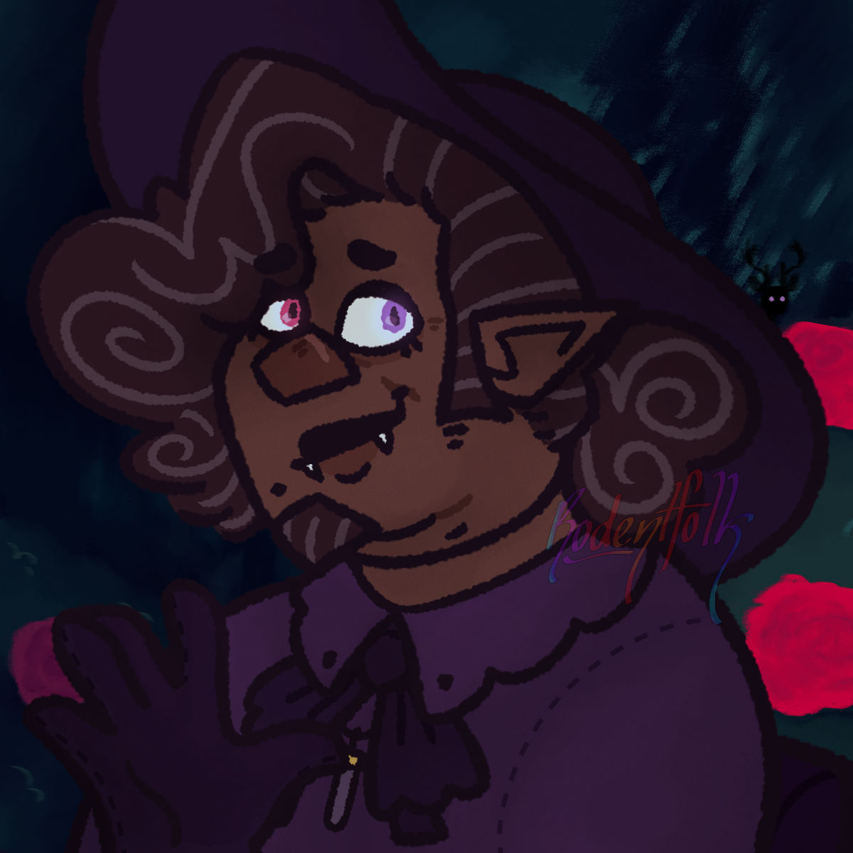 It is an illustration of Nik's OC, Roosevelt. He is a dark-skinned vampire with pink and purple eyes, a scar across his nose, a mole under the left side of his lip, and greying brown hair style into a big heart-shaped bun at the back, with sideburns and a goatee. He wears a lavender shirt with a dark purple hat, gloves and shirt-bow. He also wears a necklace with a glass vial attatched to it. He is sitting in a wheelchair, sadly smiling at the camera with one hand open in a waving gesture. The background shows a cool-toned forest environment, with bushes of roses behind him, and a silhouette of a deer with bright purple eyes in the distance.