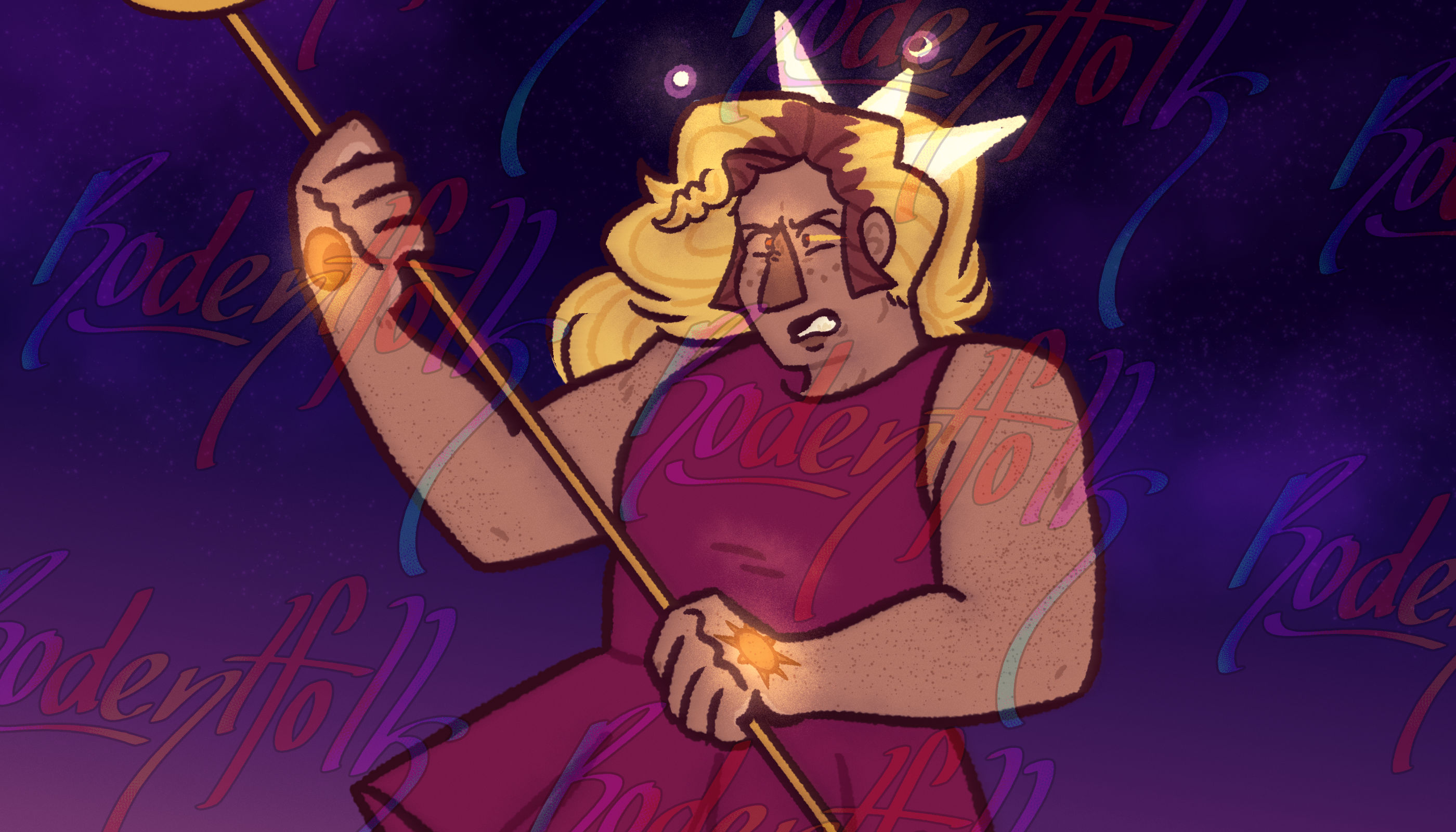 It is a drawing of Nik's OC, River. He is wearing a sleeveless dark magenta tunic/dress with a glowing white sun crown with moons floating around it. He is holding a golden staff with the top just out of shot, in a position to dodge an attack. He looks furiously at someone out of shot. The sun and moon symbols on his hands glow faintly.