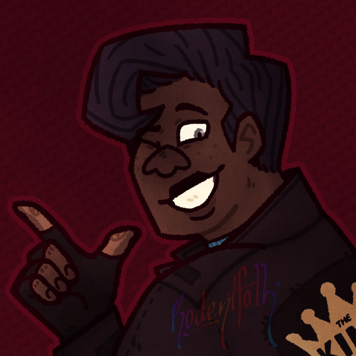 It is an illustration of Nik's courier OC 'Nathan' for Fallout New Vegas. He is a black man with grey eyes and black hair styled in 'Tunnel Snake' fashion. He wears a dark brown jacket with a patch on the back with the Kings' symbol on it and black fingerless gloves. He winks at the camera as he smiles while making a finger gun gesture.