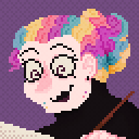 Animated pixel art of humanisation design of Paige from Don't Hug Me, I'm Scared. They are painting something, occasionally blinking, then looking to the camera to smile.