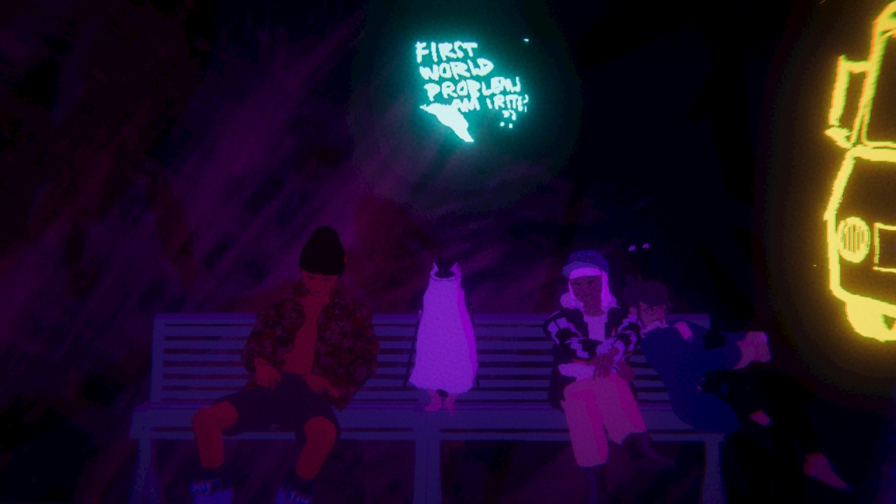 It is a photo taken in Umurangi Generation. 
                The photo shows Micah, Pengi, Atarau and Kete sitting together on bench solemnly. 
                Bright cyan graffiti above them reads, “First world problems, Am I right?”
